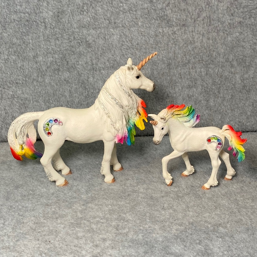 Schleich Rainbow Unicorn Mare & Foal White Multi Bayala Rhinestone Glitter Horse